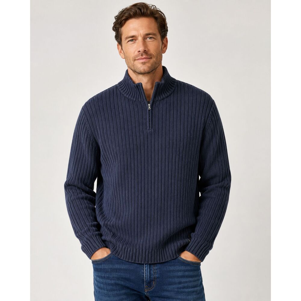 Timberland Quarter Zip Sweater Mens XL Navy Blue 100% Cotton Rib Knit Pullover